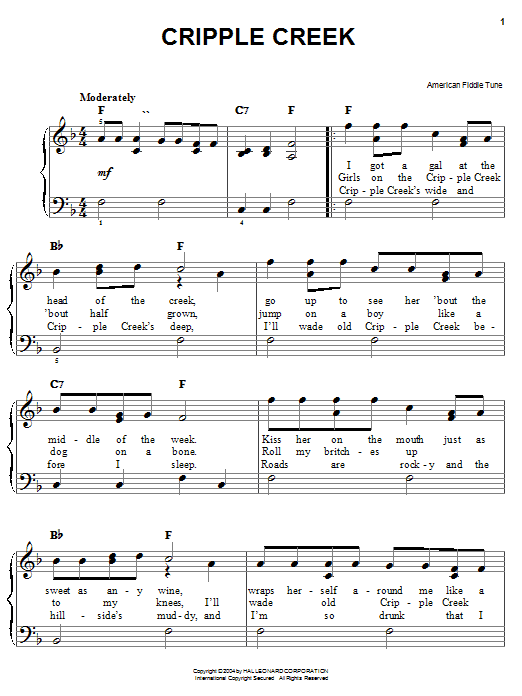 Preview American Fiddle Tune Cripple Creek Country sheet music, notes and chords for Easy Piano, SKU: 27174 sheet music, piano notes, chords, guitar tabs, score, transpose, transcribe, how to play, guide, download, learn, tutorial, progression, song, artist, awards, billboard, mtv, vh1, tour, single, album, release