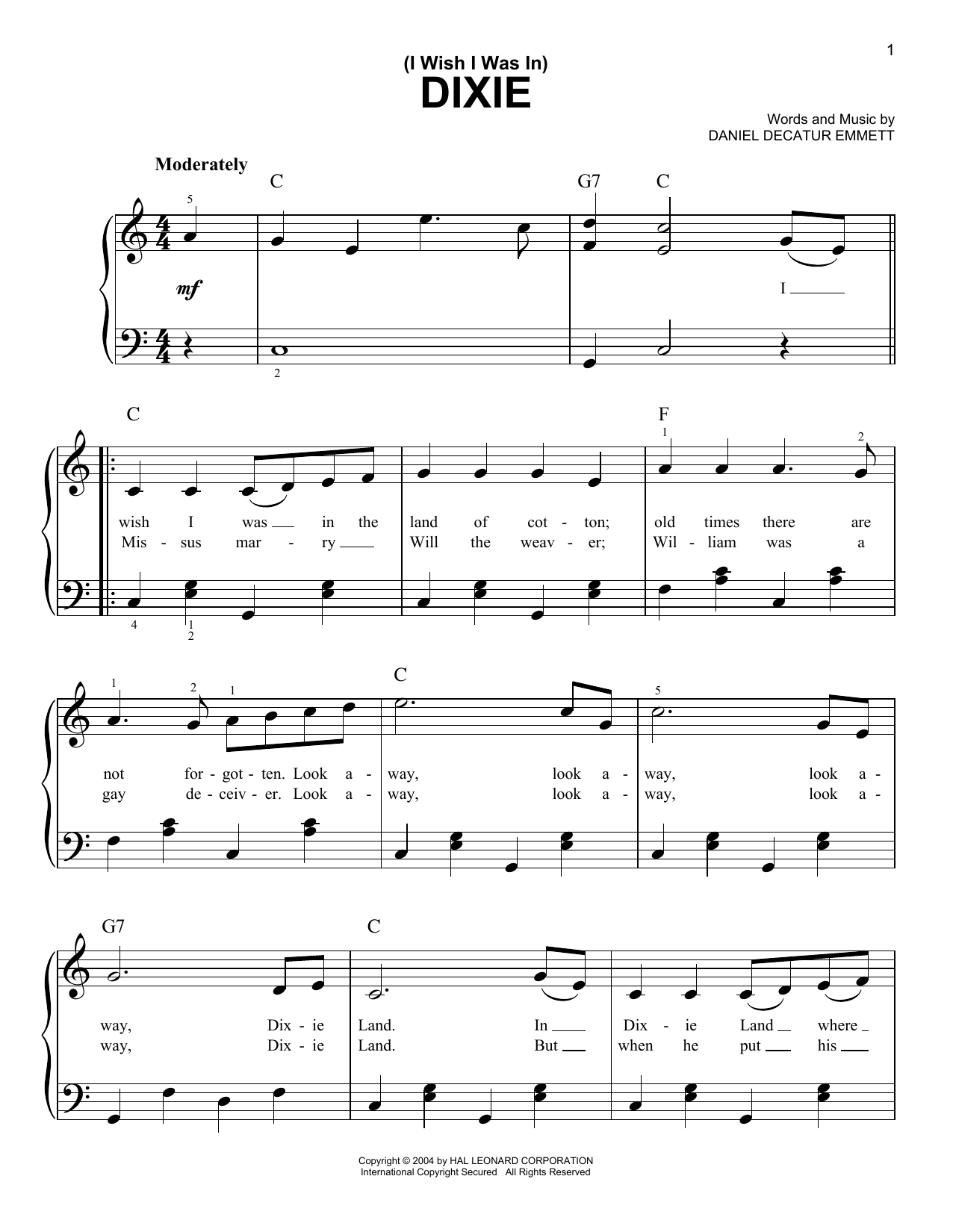 Preview Daniel Decatur Emmett (I Wish I Was In) Dixie American sheet music, notes and chords for Easy Piano, SKU: 27176 sheet music, piano notes, chords, guitar tabs, score, transpose, transcribe, how to play, guide, download, learn, tutorial, progression, song, artist, awards, billboard, mtv, vh1, tour, single, album, release