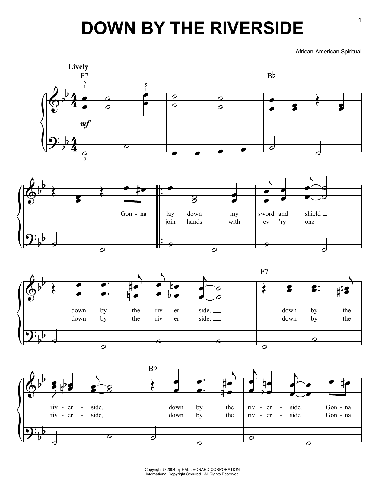 Preview African-American Spiritual Down By The Riverside Folk sheet music, notes and chords for Easy Piano, SKU: 27177 sheet music, piano notes, chords, guitar tabs, score, transpose, transcribe, how to play, guide, download, learn, tutorial, progression, song, artist, awards, billboard, mtv, vh1, tour, single, album, release