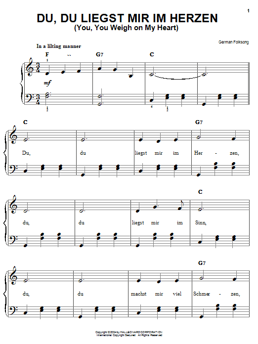 Preview German Folk Song Du, Du Liegst Mir Im Herzen (You, You Weigh On My Heart) Jazz sheet music, notes and chords for Easy Piano, SKU: 27179 sheet music, piano notes, chords, guitar tabs, score, transpose, transcribe, how to play, guide, download, learn, tutorial, progression, song, artist, awards, billboard, mtv, vh1, tour, single, album, release
