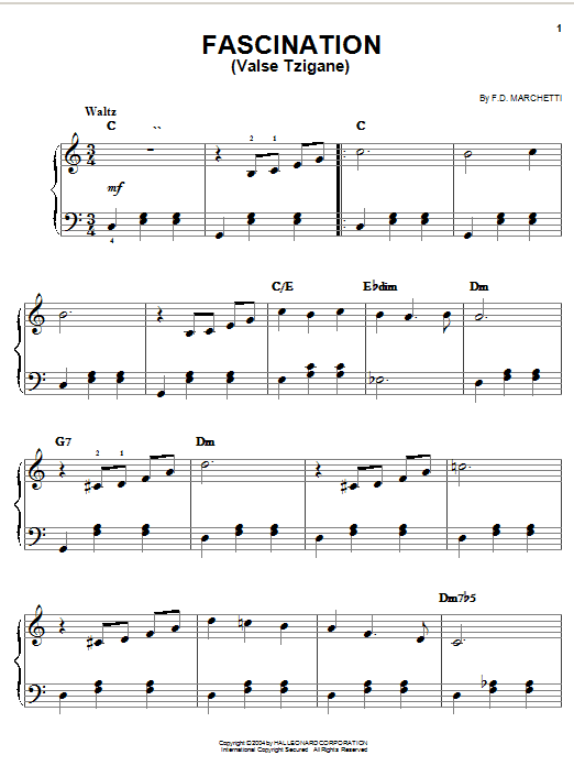 Preview F.D. Marchetti Fascination (Valse Tzigane) Film and TV sheet music, notes and chords for Easy Piano, SKU: 27180 sheet music, piano notes, chords, guitar tabs, score, transpose, transcribe, how to play, guide, download, learn, tutorial, progression, song, artist, awards, billboard, mtv, vh1, tour, single, album, release