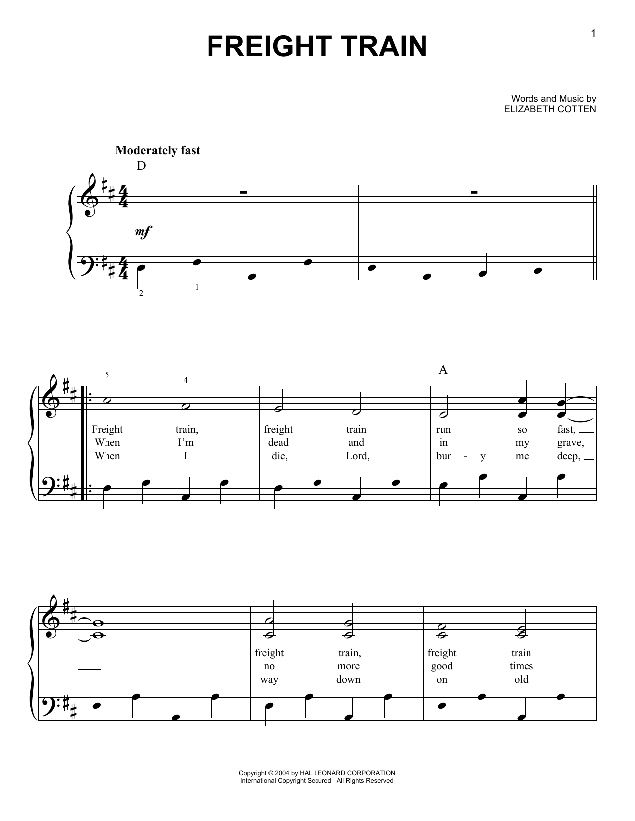 Preview Elizabeth Cotten Freight Train Folk sheet music, notes and chords for Easy Piano, SKU: 27181 sheet music, piano notes, chords, guitar tabs, score, transpose, transcribe, how to play, guide, download, learn, tutorial, progression, song, artist, awards, billboard, mtv, vh1, tour, single, album, release