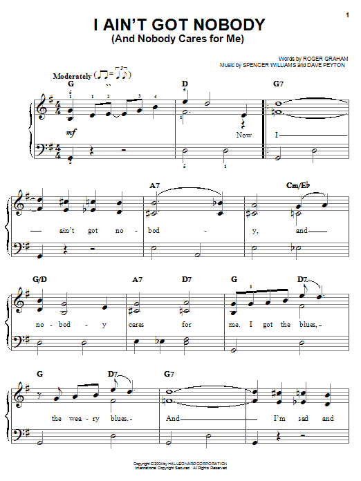 Preview Bessie Smith I Ain't Got Nobody (And Nobody Cares For Me) Jazz sheet music, notes and chords for Easy Piano, SKU: 27185 sheet music, piano notes, chords, guitar tabs, score, transpose, transcribe, how to play, guide, download, learn, tutorial, progression, song, artist, awards, billboard, mtv, vh1, tour, single, album, release