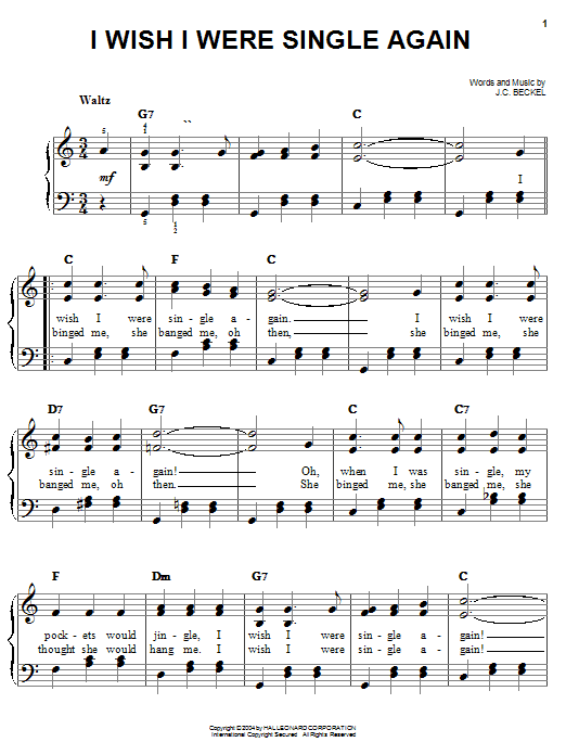 Preview J.C. Beckel I Wish I Were Single Again Jazz sheet music, notes and chords for Easy Piano, SKU: 27187 sheet music, piano notes, chords, guitar tabs, score, transpose, transcribe, how to play, guide, download, learn, tutorial, progression, song, artist, awards, billboard, mtv, vh1, tour, single, album, release