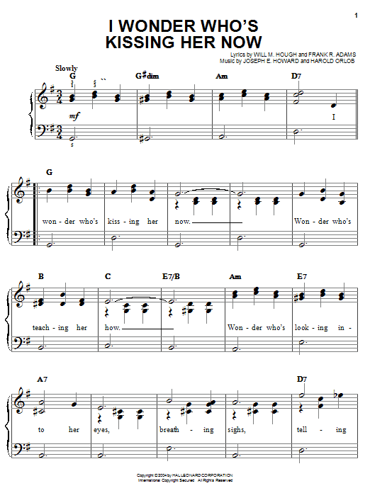 Preview Ray Charles I Wonder Who's Kissing Her Now Jazz sheet music, notes and chords for Easy Piano, SKU: 27188 sheet music, piano notes, chords, guitar tabs, score, transpose, transcribe, how to play, guide, download, learn, tutorial, progression, song, artist, awards, billboard, mtv, vh1, tour, single, album, release