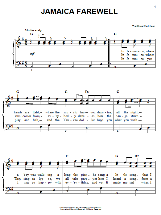 Preview Traditional Caribbean Jamaica Farewell Jazz sheet music, notes and chords for Easy Piano, SKU: 27190 sheet music, piano notes, chords, guitar tabs, score, transpose, transcribe, how to play, guide, download, learn, tutorial, progression, song, artist, awards, billboard, mtv, vh1, tour, single, album, release