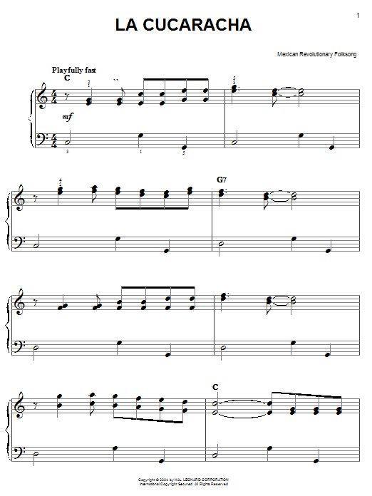 Preview Mexican Revolution Folksong La Cucaracha World sheet music, notes and chords for Easy Piano, SKU: 27191 sheet music, piano notes, chords, guitar tabs, score, transpose, transcribe, how to play, guide, download, learn, tutorial, progression, song, artist, awards, billboard, mtv, vh1, tour, single, album, release