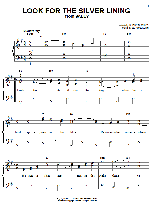 Preview Judy Garland Look For The Silver Lining Musicals sheet music, notes and chords for Easy Piano, SKU: 27194 sheet music, piano notes, chords, guitar tabs, score, transpose, transcribe, how to play, guide, download, learn, tutorial, progression, song, artist, awards, billboard, mtv, vh1, tour, single, album, release