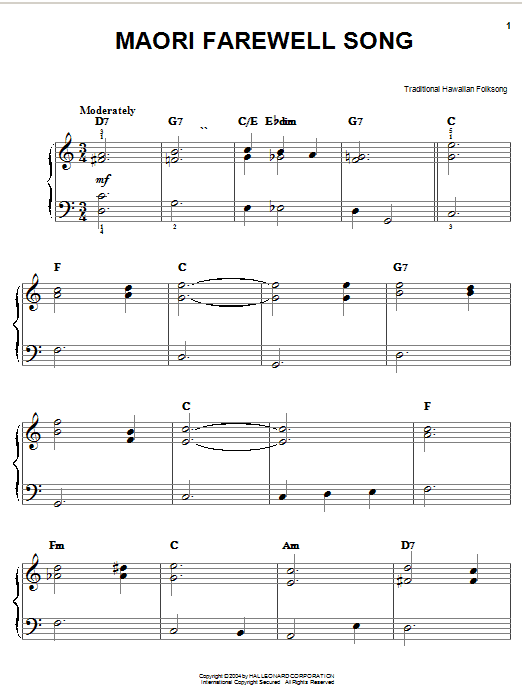 Preview Traditional Hawaiian Folk Song Maori Farewell Song Jazz sheet music, notes and chords for Easy Piano, SKU: 27196 sheet music, piano notes, chords, guitar tabs, score, transpose, transcribe, how to play, guide, download, learn, tutorial, progression, song, artist, awards, billboard, mtv, vh1, tour, single, album, release