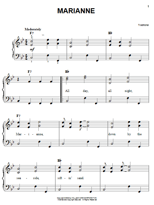 Preview Traditional Marianne Country sheet music, notes and chords for Easy Piano, SKU: 27197 sheet music, piano notes, chords, guitar tabs, score, transpose, transcribe, how to play, guide, download, learn, tutorial, progression, song, artist, awards, billboard, mtv, vh1, tour, single, album, release