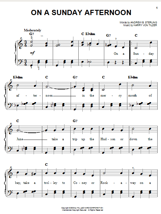 Preview Andrew B. Sterling On A Sunday Afternoon Children sheet music, notes and chords for Easy Piano, SKU: 27201 sheet music, piano notes, chords, guitar tabs, score, transpose, transcribe, how to play, guide, download, learn, tutorial, progression, song, artist, awards, billboard, mtv, vh1, tour, single, album, release
