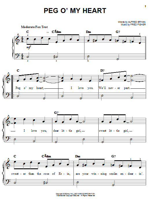 Preview Fred Fisher Peg O' My Heart World sheet music, notes and chords for Easy Piano, SKU: 27202 sheet music, piano notes, chords, guitar tabs, score, transpose, transcribe, how to play, guide, download, learn, tutorial, progression, song, artist, awards, billboard, mtv, vh1, tour, single, album, release