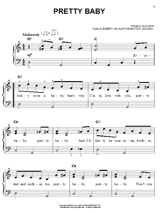 Preview Al Jolson Pretty Baby Jazz sheet music, notes and chords for Easy Piano, SKU: 27205 sheet music, piano notes, chords, guitar tabs, score, transpose, transcribe, how to play, guide, download, learn, tutorial, progression, song, artist, awards, billboard, mtv, vh1, tour, single, album, release