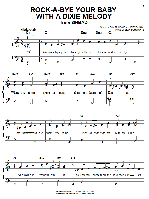 Preview Al Jolson Rock-A-Bye Your Baby With A Dixie Melody Musicals sheet music, notes and chords for Easy Piano, SKU: 27207 sheet music, piano notes, chords, guitar tabs, score, transpose, transcribe, how to play, guide, download, learn, tutorial, progression, song, artist, awards, billboard, mtv, vh1, tour, single, album, release