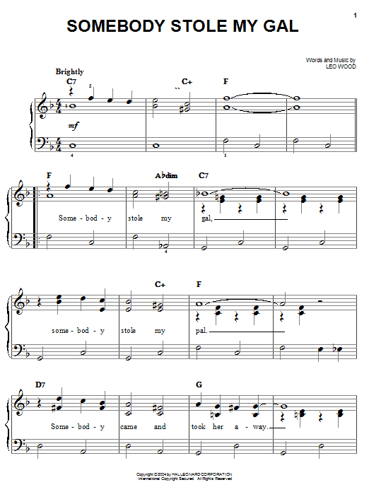 Preview Benny Goodman Somebody Stole My Gal Jazz sheet music, notes and chords for Easy Piano, SKU: 27214 sheet music, piano notes, chords, guitar tabs, score, transpose, transcribe, how to play, guide, download, learn, tutorial, progression, song, artist, awards, billboard, mtv, vh1, tour, single, album, release