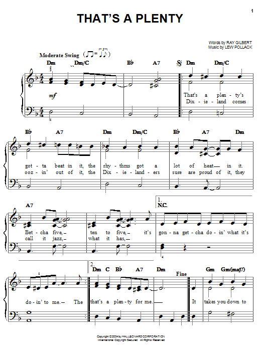 Preview Louis Armstrong That's A Plenty Jazz sheet music, notes and chords for Easy Piano, SKU: 27218 sheet music, piano notes, chords, guitar tabs, score, transpose, transcribe, how to play, guide, download, learn, tutorial, progression, song, artist, awards, billboard, mtv, vh1, tour, single, album, release