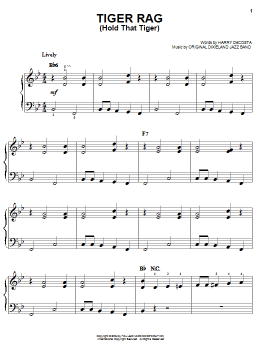 Preview Harry DeCosta Tiger Rag (Hold That Tiger) Jazz sheet music, notes and chords for Easy Piano, SKU: 27222 sheet music, piano notes, chords, guitar tabs, score, transpose, transcribe, how to play, guide, download, learn, tutorial, progression, song, artist, awards, billboard, mtv, vh1, tour, single, album, release
