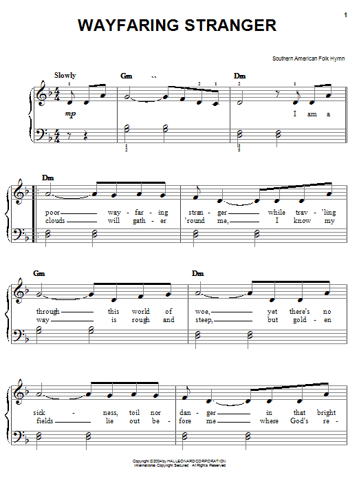 Preview Southern American Folksong Wayfaring Stranger Folk sheet music, notes and chords for Easy Piano, SKU: 27227 sheet music, piano notes, chords, guitar tabs, score, transpose, transcribe, how to play, guide, download, learn, tutorial, progression, song, artist, awards, billboard, mtv, vh1, tour, single, album, release