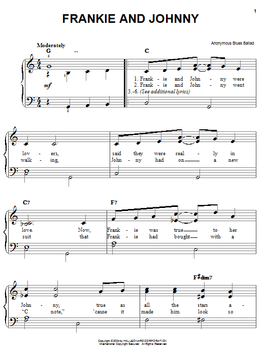 Preview Anonymous Blues Ballad Frankie And Johnny Folk sheet music, notes and chords for Easy Piano, SKU: 27230 sheet music, piano notes, chords, guitar tabs, score, transpose, transcribe, how to play, guide, download, learn, tutorial, progression, song, artist, awards, billboard, mtv, vh1, tour, single, album, release