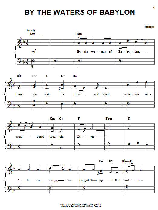 Preview Traditional By The Waters Of Babylon Folk sheet music, notes and chords for Easy Piano, SKU: 27233 sheet music, piano notes, chords, guitar tabs, score, transpose, transcribe, how to play, guide, download, learn, tutorial, progression, song, artist, awards, billboard, mtv, vh1, tour, single, album, release