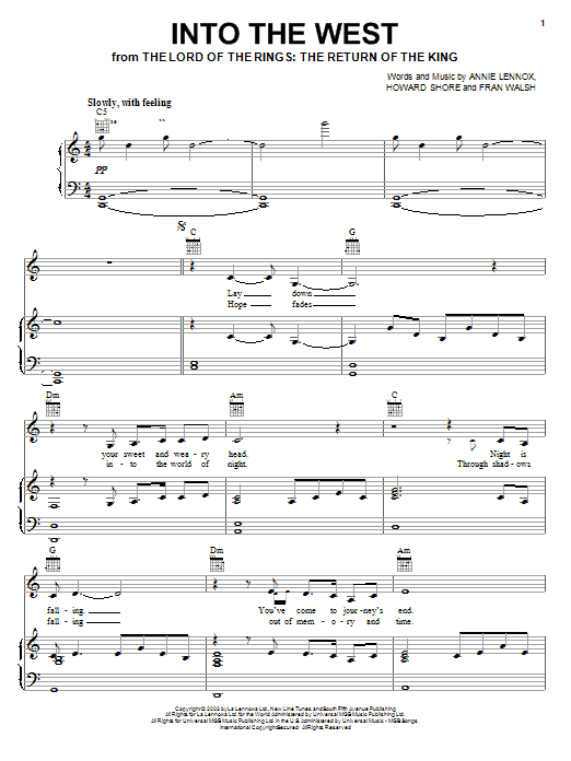 Preview Annie Lennox Into The West (from The Lord Of The Rings: The Return Of The King) Pop sheet music, notes and chords for Piano, Vocal & Guitar (Right-Hand Melody), SKU: 27234 sheet music, piano notes, chords, guitar tabs, score, transpose, transcribe, how to play, guide, download, learn, tutorial, progression, song, artist, awards, billboard, mtv, vh1, tour, single, album, release