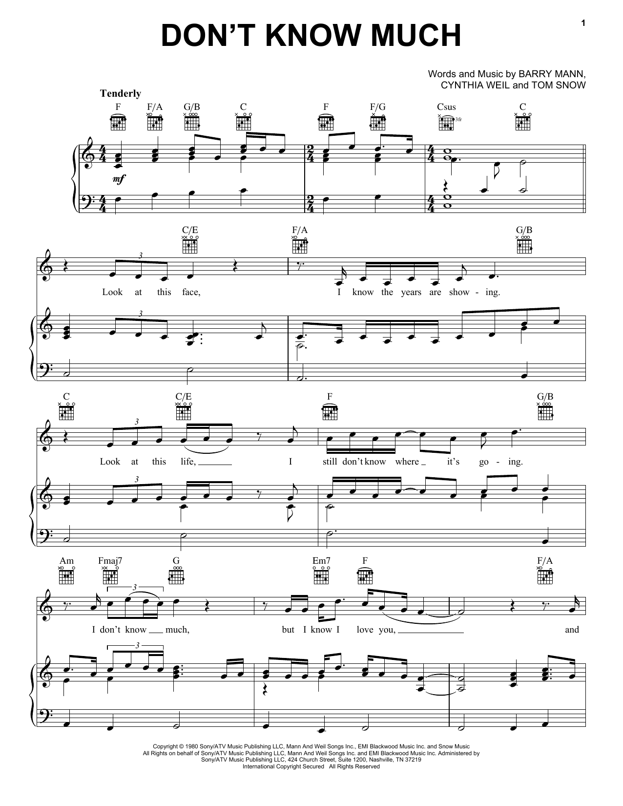 Preview Linda Ronstadt and Aaron Neville Don't Know Much Pop sheet music, notes and chords for Piano, Vocal & Guitar (Right-Hand Melody), SKU: 27236 sheet music, piano notes, chords, guitar tabs, score, transpose, transcribe, how to play, guide, download, learn, tutorial, progression, song, artist, awards, billboard, mtv, vh1, tour, single, album, release
