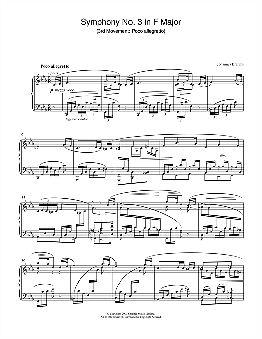 Preview Johannes Brahms Symphony No. 3 in F Major (3rd movement: Poco allegretto) Classical sheet music, notes and chords for Piano, SKU: 27421 sheet music, piano notes, chords, guitar tabs, score, transpose, transcribe, how to play, guide, download, learn, tutorial, progression, song, artist, awards, billboard, mtv, vh1, tour, single, album, release