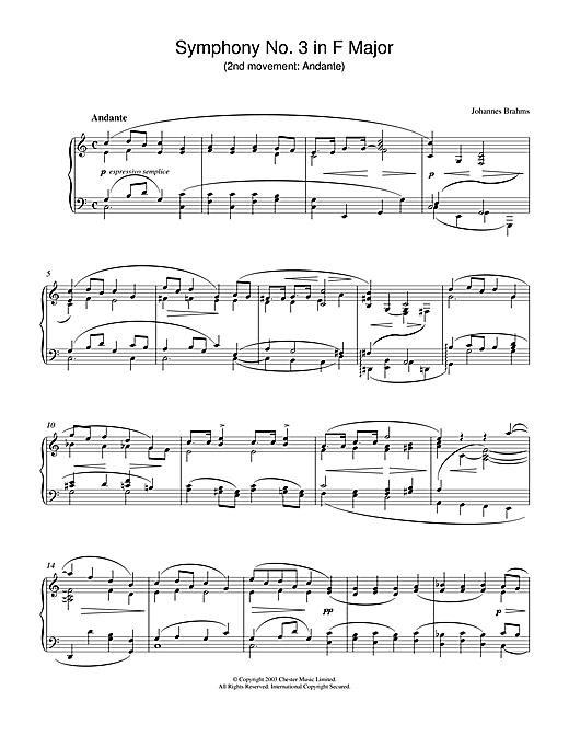 Preview Johannes Brahms Symphony No. 3 in F Major (2nd movement: Andante) Classical sheet music, notes and chords for Piano, SKU: 27422 sheet music, piano notes, chords, guitar tabs, score, transpose, transcribe, how to play, guide, download, learn, tutorial, progression, song, artist, awards, billboard, mtv, vh1, tour, single, album, release