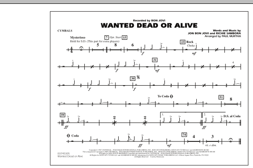 Preview Paul Murtha Wanted Dead or Alive - Cymbals Rock sheet music, notes and chords for Marching Band, SKU: 277325 sheet music, piano notes, chords, guitar tabs, score, transpose, transcribe, how to play, guide, download, learn, tutorial, progression, song, artist, awards, billboard, mtv, vh1, tour, single, album, release