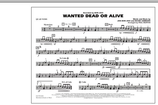 Preview Paul Murtha Wanted Dead or Alive - Quad Toms Rock sheet music, notes and chords for Marching Band, SKU: 277326 sheet music, piano notes, chords, guitar tabs, score, transpose, transcribe, how to play, guide, download, learn, tutorial, progression, song, artist, awards, billboard, mtv, vh1, tour, single, album, release
