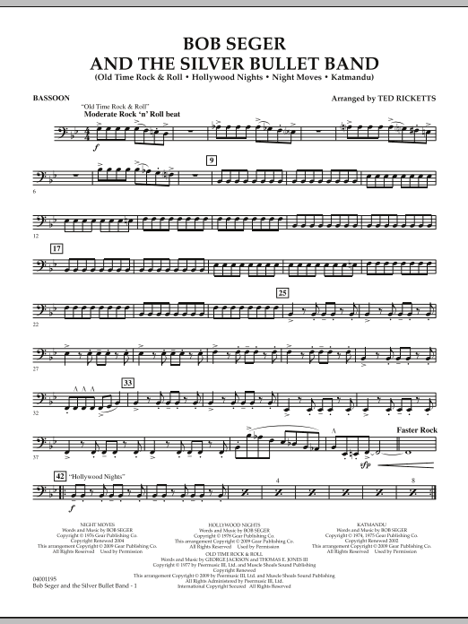 Preview Ted Ricketts Bob Seger and The Silver Bullet Band - Bassoon Pop sheet music, notes and chords for Concert Band, SKU: 283272 sheet music, piano notes, chords, guitar tabs, score, transpose, transcribe, how to play, guide, download, learn, tutorial, progression, song, artist, awards, billboard, mtv, vh1, tour, single, album, release