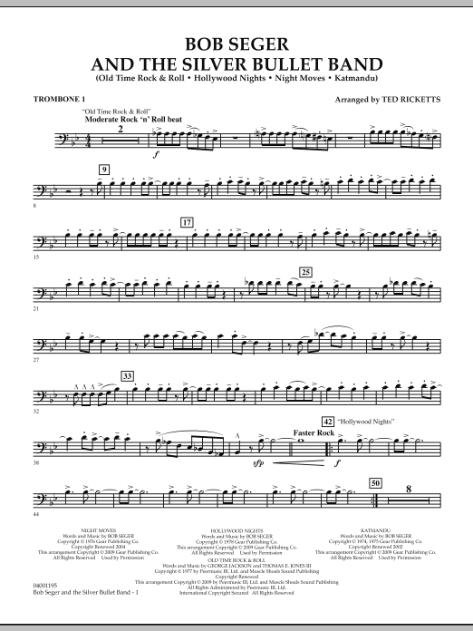 Preview Ted Ricketts Bob Seger and The Silver Bullet Band - Trombone 1 Pop sheet music, notes and chords for Concert Band, SKU: 283287 sheet music, piano notes, chords, guitar tabs, score, transpose, transcribe, how to play, guide, download, learn, tutorial, progression, song, artist, awards, billboard, mtv, vh1, tour, single, album, release