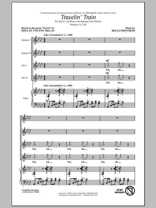 Preview Rollo Dilworth Travelin' Train Concert sheet music, notes and chords for SSAA, SKU: 284117 sheet music, piano notes, chords, guitar tabs, score, transpose, transcribe, how to play, guide, download, learn, tutorial, progression, song, artist, awards, billboard, mtv, vh1, tour, single, album, release