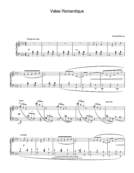 Preview Claude Debussy Valse Romantique Post-1900 sheet music, notes and chords for Piano, SKU: 28415 sheet music, piano notes, chords, guitar tabs, score, transpose, transcribe, how to play, guide, download, learn, tutorial, progression, song, artist, awards, billboard, mtv, vh1, tour, single, album, release