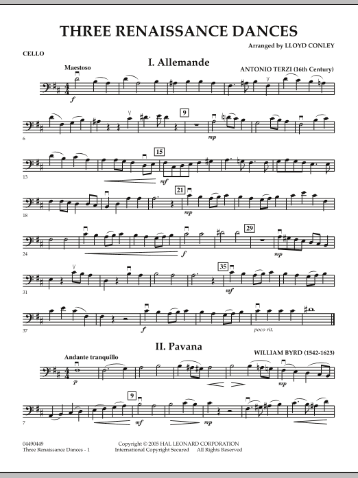 Preview Lloyd Conley Three Renaissance Dances - Cello Renaissance sheet music, notes and chords for Orchestra, SKU: 287353 sheet music, piano notes, chords, guitar tabs, score, transpose, transcribe, how to play, guide, download, learn, tutorial, progression, song, artist, awards, billboard, mtv, vh1, tour, single, album, release