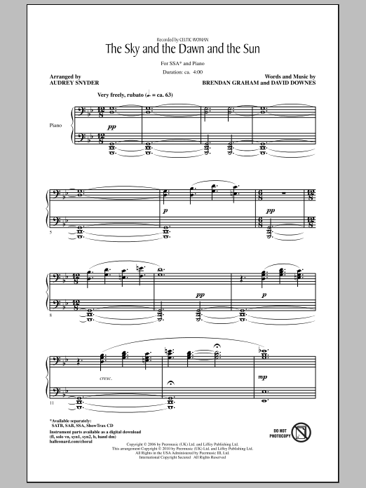 Preview Audrey Snyder The Sky And The Dawn And The Sun Irish sheet music, notes and chords for SSA, SKU: 287748 sheet music, piano notes, chords, guitar tabs, score, transpose, transcribe, how to play, guide, download, learn, tutorial, progression, song, artist, awards, billboard, mtv, vh1, tour, single, album, release