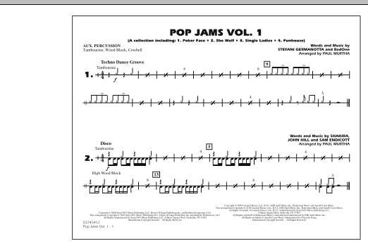 Preview Paul Murtha Pop Jams: Vol. 1 - Aux Percussion Pop sheet music, notes and chords for Marching Band, SKU: 288683 sheet music, piano notes, chords, guitar tabs, score, transpose, transcribe, how to play, guide, download, learn, tutorial, progression, song, artist, awards, billboard, mtv, vh1, tour, single, album, release