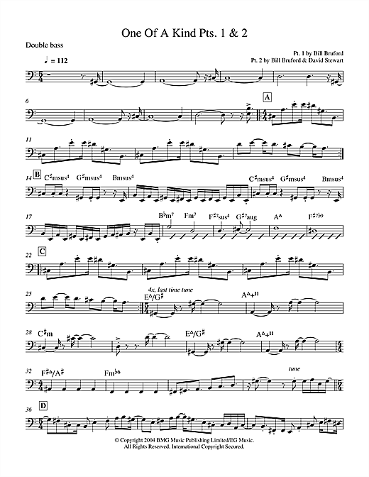 Preview Bill Bruford One Of A Kind Pts. 1 & 2 Rock sheet music, notes and chords for Double Bass, SKU: 29580 sheet music, piano notes, chords, guitar tabs, score, transpose, transcribe, how to play, guide, download, learn, tutorial, progression, song, artist, awards, billboard, mtv, vh1, tour, single, album, release