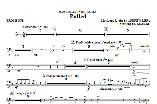 Preview Ed Lojeski Pulled (from The Addams Family) - Trombone Musical/Show sheet music, notes and chords for Choral Instrumental Pak, SKU: 296558 sheet music, piano notes, chords, guitar tabs, score, transpose, transcribe, how to play, guide, download, learn, tutorial, progression, song, artist, awards, billboard, mtv, vh1, tour, single, album, release