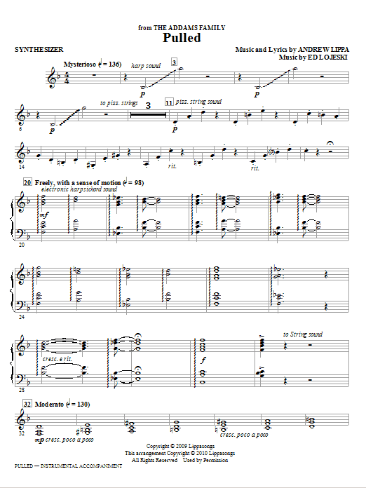 Preview Ed Lojeski Pulled (from The Addams Family) - Synthesizer Musical/Show sheet music, notes and chords for Choral Instrumental Pak, SKU: 296559 sheet music, piano notes, chords, guitar tabs, score, transpose, transcribe, how to play, guide, download, learn, tutorial, progression, song, artist, awards, billboard, mtv, vh1, tour, single, album, release