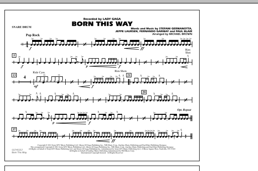 Preview Michael Brown Born This Way - Snare Drum Pop sheet music, notes and chords for Marching Band, SKU: 298159 sheet music, piano notes, chords, guitar tabs, score, transpose, transcribe, how to play, guide, download, learn, tutorial, progression, song, artist, awards, billboard, mtv, vh1, tour, single, album, release