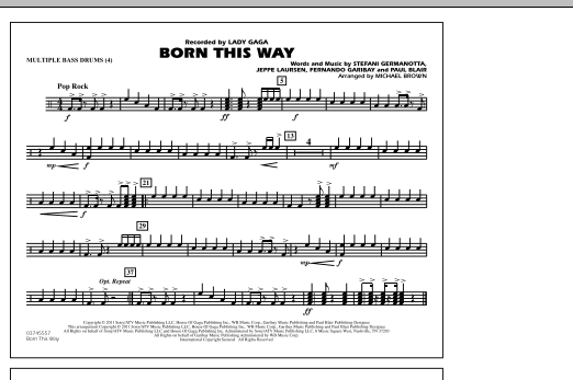 Preview Michael Brown Born This Way - Multiple Bass Drums Pop sheet music, notes and chords for Marching Band, SKU: 298162 sheet music, piano notes, chords, guitar tabs, score, transpose, transcribe, how to play, guide, download, learn, tutorial, progression, song, artist, awards, billboard, mtv, vh1, tour, single, album, release
