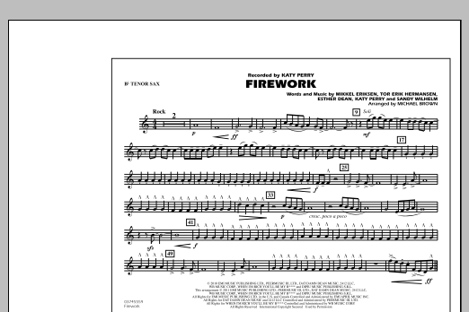 Preview Michael Brown Firework - Bb Tenor Sax Pop sheet music, notes and chords for Marching Band, SKU: 299396 sheet music, piano notes, chords, guitar tabs, score, transpose, transcribe, how to play, guide, download, learn, tutorial, progression, song, artist, awards, billboard, mtv, vh1, tour, single, album, release