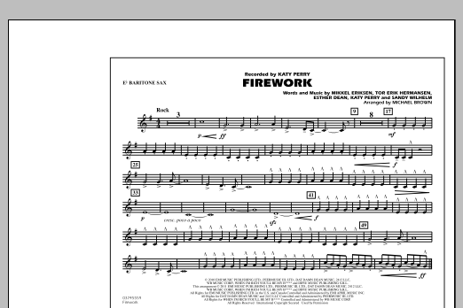 Preview Michael Brown Firework - Eb Baritone Sax Pop sheet music, notes and chords for Marching Band, SKU: 299397 sheet music, piano notes, chords, guitar tabs, score, transpose, transcribe, how to play, guide, download, learn, tutorial, progression, song, artist, awards, billboard, mtv, vh1, tour, single, album, release