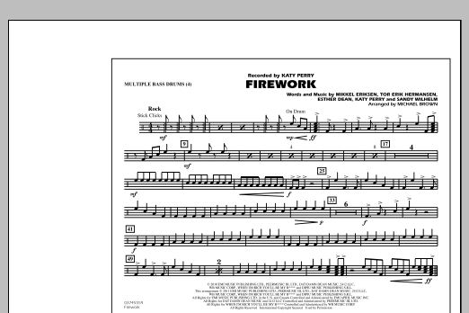 Preview Michael Brown Firework - Multiple Bass Drums Pop sheet music, notes and chords for Marching Band, SKU: 299412 sheet music, piano notes, chords, guitar tabs, score, transpose, transcribe, how to play, guide, download, learn, tutorial, progression, song, artist, awards, billboard, mtv, vh1, tour, single, album, release