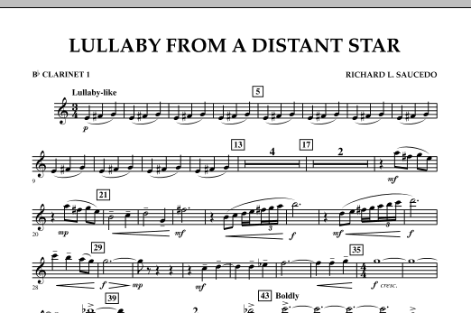Preview Richard L. Saucedo Lullaby From A Distant Star - Bb Clarinet 1 Contest sheet music, notes and chords for Concert Band, SKU: 299658 sheet music, piano notes, chords, guitar tabs, score, transpose, transcribe, how to play, guide, download, learn, tutorial, progression, song, artist, awards, billboard, mtv, vh1, tour, single, album, release
