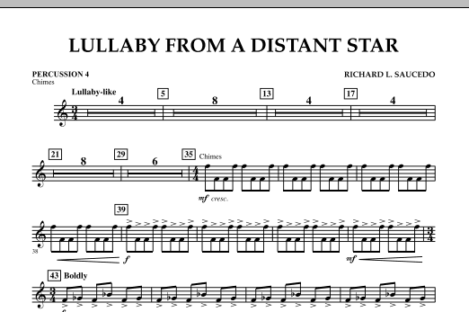 Preview Richard L. Saucedo Lullaby From A Distant Star - Percussion 4 Contest sheet music, notes and chords for Concert Band, SKU: 299680 sheet music, piano notes, chords, guitar tabs, score, transpose, transcribe, how to play, guide, download, learn, tutorial, progression, song, artist, awards, billboard, mtv, vh1, tour, single, album, release