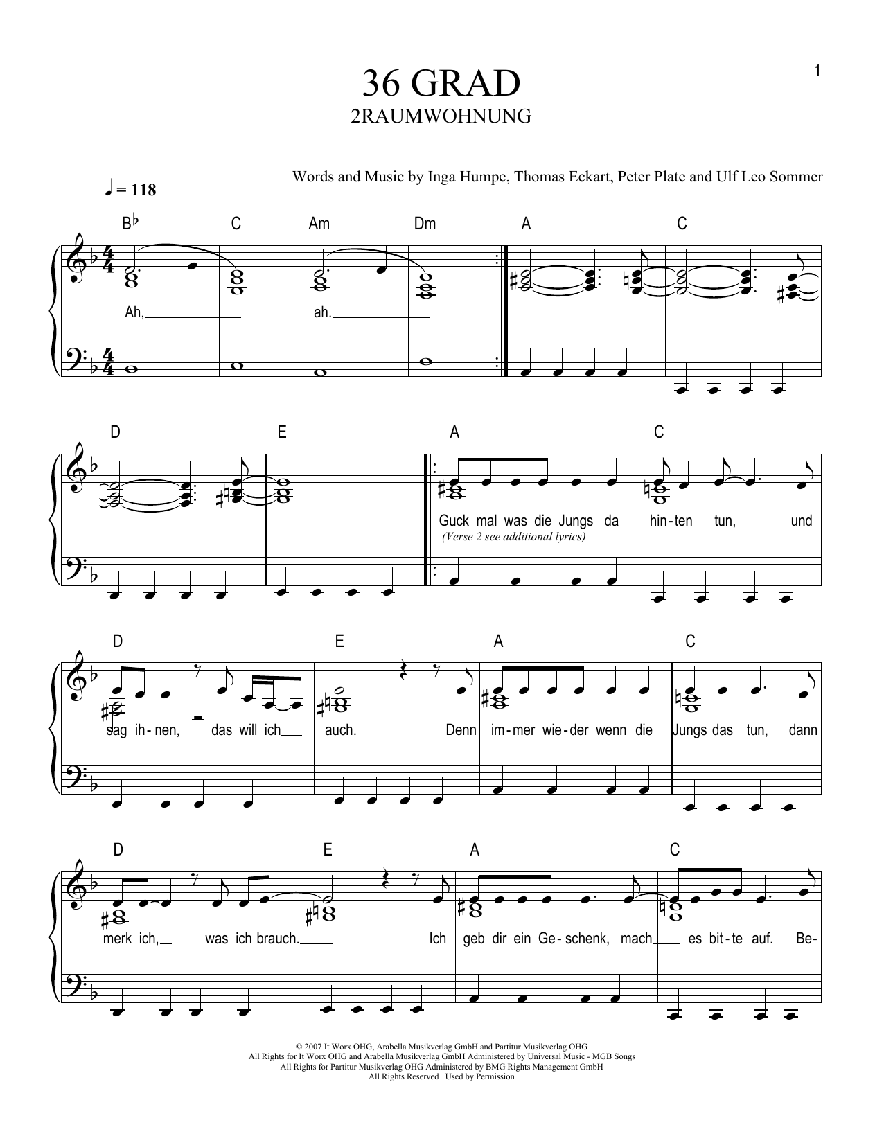 2raumwohnung 36Grad sheet music notes and chords. Download Printable PDF.