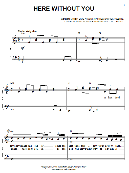 3 Doors Down Here Without You sheet music notes and chords. Download Printable PDF.