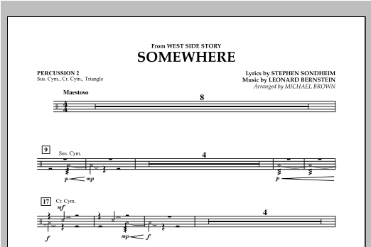 Preview Michael Brown Somewhere (from West Side Story) - Percussion 2 Musical/Show sheet music, notes and chords for Concert Band, SKU: 308847 sheet music, piano notes, chords, guitar tabs, score, transpose, transcribe, how to play, guide, download, learn, tutorial, progression, song, artist, awards, billboard, mtv, vh1, tour, single, album, release